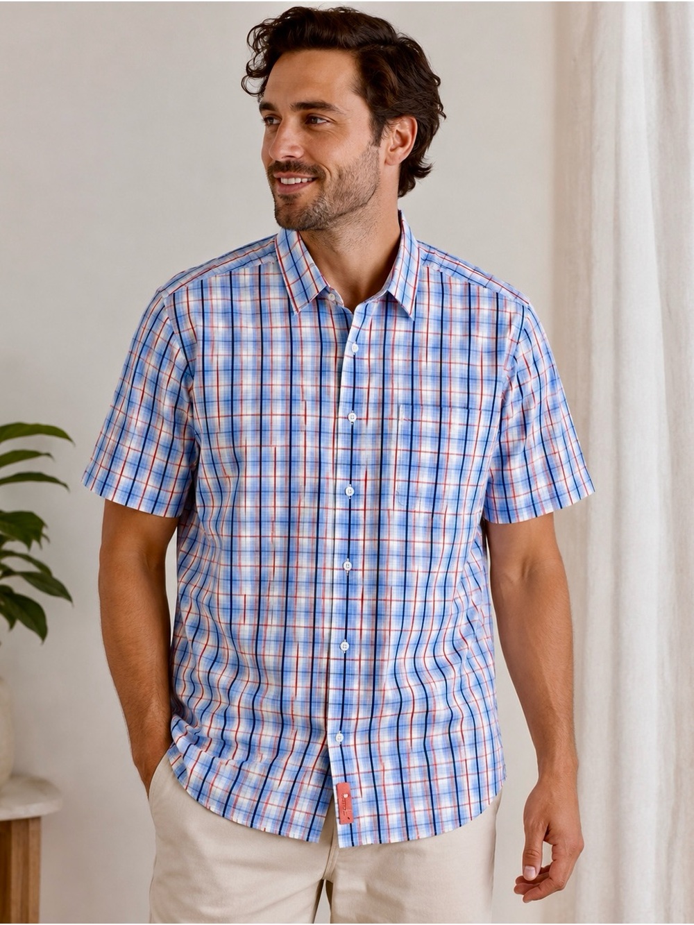 Toscano Aqua Men’s Plaid Short Sleeve Button Down Shirt Blue Red XL